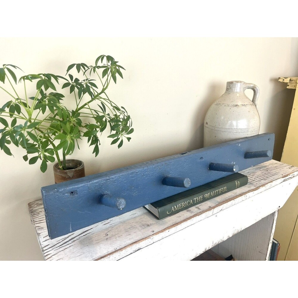 Antique Shaker Style Primitive Blue Coat Hat Peg Rack 28” x 4” Farmhouse Country